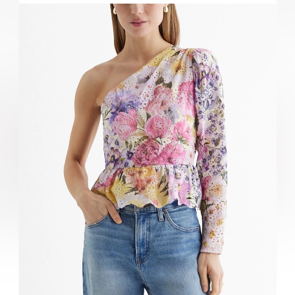 Express Eyelet Pastel Floral Gathered One Shoulder Peplum Top SZ 6 NWT